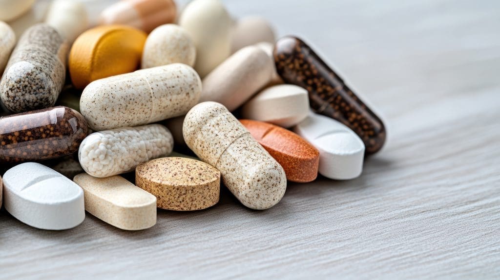 Różne rodzaje tabletek i kapsułek suplementów diety na stole – temat artykułu trener personalny Wrocław o suplementach na start